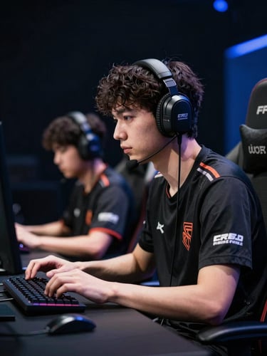 Player at a competitive esports desk under arena spotlights, leaning slightly forward, keyboard hands visible in foreground, high-contrast black and cold blue lighting, no casual elements
