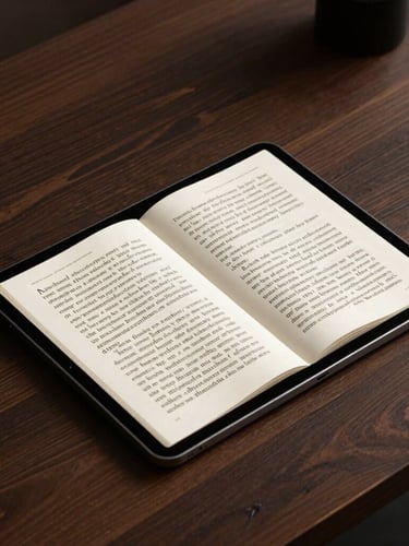 A high-end modern tablet displaying a beautifully typeset digital book page with elegant serif typography, placed on a minimalist dark oak desk, soft dramatic side lighting.