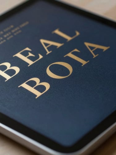 Macro close-up of a premium digital book cover on a modern tablet, elegant serif typography, deep navy and gold accents, soft natural side lighting.