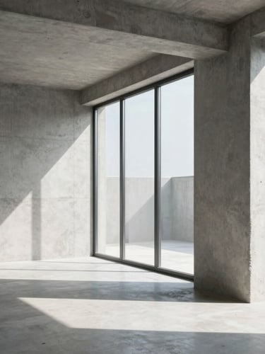 A clean, high-contrast architectural crop of a modern concrete workspace with bright natural daylight streaming through a large window, minimal lines.