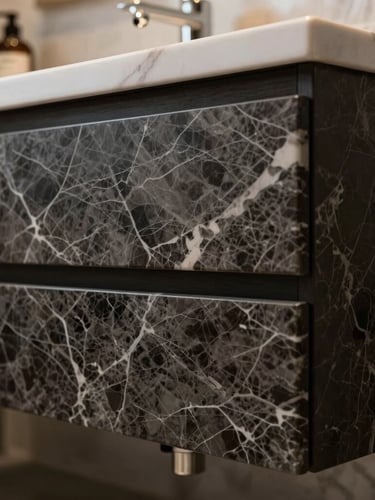Close-up of custom millwork and marble vein alignment in a luxury bathroom, sharp focus, high contrast, deep charcoal shadows.