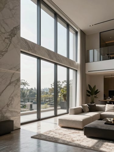 A crisp, straight-line vertical architectural photograph of a luxury modern living room with floor-to-ceiling windows, natural afternoon light casting soft shadows, minimal furniture, high-end marble details.
