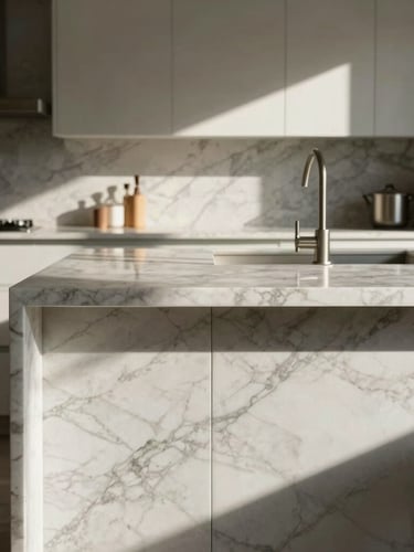 Natural diffused daylight illuminating a marble kitchen island, strict vertical lines, high-contrast shadows, editorial interior composition.