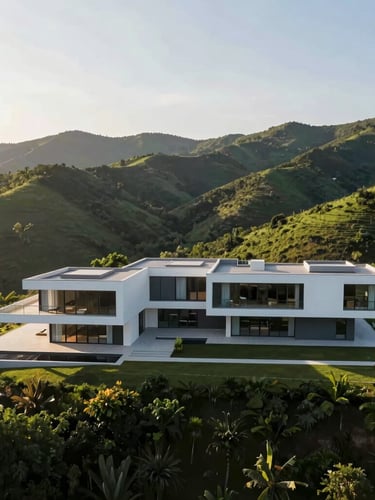 Wide-angle aerial view of an expansive modern villa nestled in lush green hills, straight vertical lines, clean architectural geometry, late afternoon sun casting long elegant shadows.