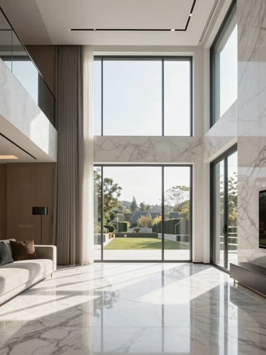 Strict one-point perspective of a luxury modern living room, natural diffused daylight streaming through floor-to-ceiling windows, highlighting clean architectural lines and marble vein alignment.
