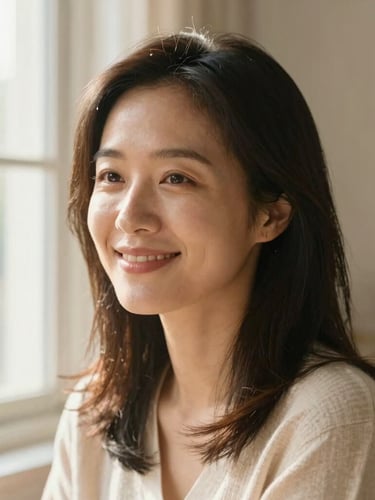 一位亚洲女性（创始人形象）在阳光明媚的窗边，温柔地微笑，背景是温馨的家庭环境，聚焦于她富有同情心的面部表情。
