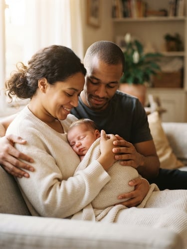 A warm editorial photograph of a diverse couple tenderly holding a newborn baby wrapped in a soft blanket, bathed in warm natural window light, gentle golden tones, shallow depth of field, authentic human connection, negative space on the right.