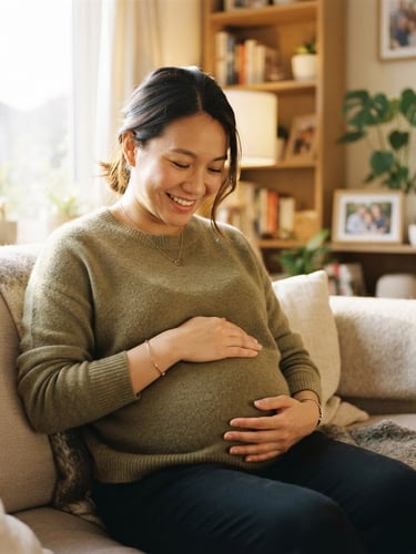 一位面带微笑的亚洲女性代孕妈妈,在阳光明媚的客厅里轻抚着自己的腹部,背景是温馨的家庭环境,光线柔和,充满希望。