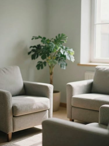 Warm and welcoming therapy room in Cordoba, soft diffused daylight through a window, comfortable armchairs, a green plant, peaceful and professional atmosphere, shallow depth of field, 35mm