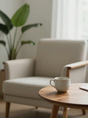 A quiet, warm therapist's workspace with soft diffused daylight, a comfortable armchair, a green plant, and a ceramic cup on a wooden table, shallow depth of field, 35mm