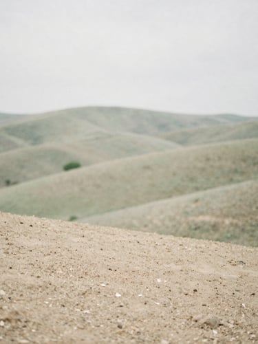 Calm, soft-focus landscape of the Córdoba hills in Villa General Belgrano, diffused overcast daylight, muted sage green and warm sand tones, 35mm photography