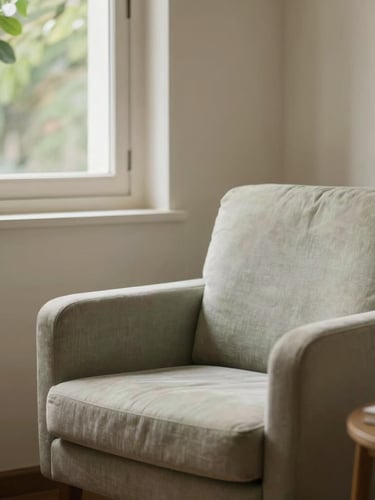 A serene therapist's workspace in Villa General Belgrano, soft warm indoor natural light, a comfortable armchair next to a window showing green leaves, shallow depth of field