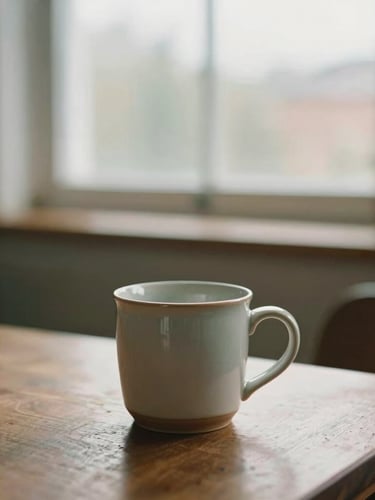 A warm, quiet therapist's workspace with soft overcast daylight filtering through a window, a ceramic mug on a wooden table, shallow depth of field, 35mm