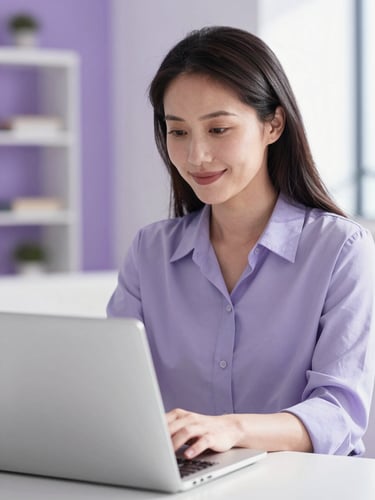 A close-up of a professional woman sitting in a sunlit modern apartment, looking at her laptop screen with a calm, satisfied smile, shallow depth of field, soft purple tones.
