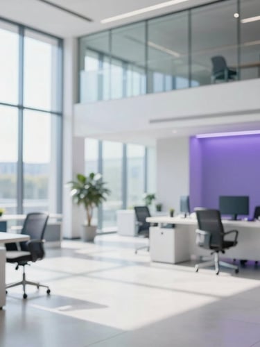 A bright, clean corporate office lobby with glass walls, soft natural daylight, minimalist modern furniture, subtle blue and purple lighting accents, professional and trustworthy atmosphere.