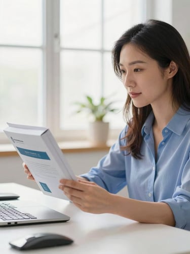 A professional in a bright, daylight-filled home office reviewing a sleek product package, natural lighting, calm authentic expression, shallow depth of field