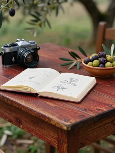 A rustic wooden table in a Greek olive grove, an open notebook with sketches, a vintage camera, and freshly harvested olives in a ceramic bowl, soft side-lighting.