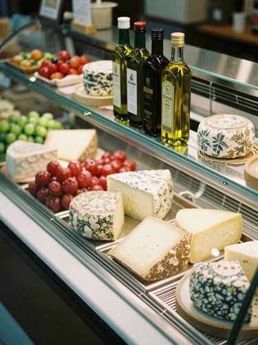 Overhead shot of a beautifully arranged modern deli counter in Athens, natural side-light, rich olive oil bottles and artisanal cheeses, 35mm film.
