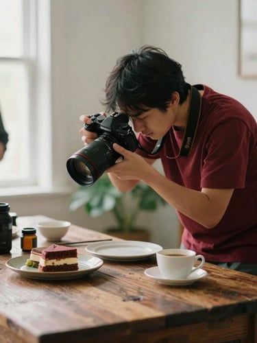 An agency photographer holding a camera, carefully adjusting the angle over a beautifully styled rustic table, soft window light, behind-the-scenes, 35mm film