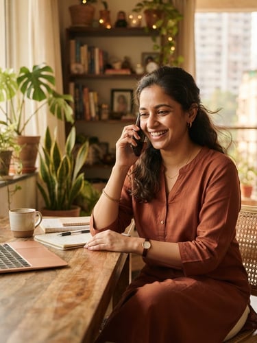 A warm, natural photograph of a Mumbai woman entrepreneur working from her bright, sunlit apartment living room, holding a smartphone and smiling, soft window light, editorial photography style.