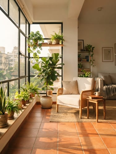 Bright modern Mumbai apartment interior with warm sunlight streaming through a large window, highlighting elegant terracotta tiles and green plants, warm editorial photography style.
