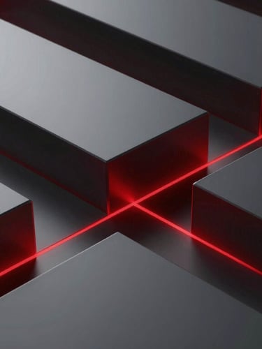 Extreme close-up of dark metallic architectural geometry, sharp crimson light reflecting on steel edges, structured technical grid, sleek 3D render