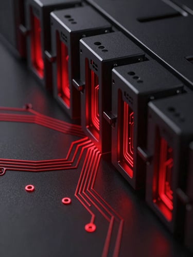 Macro shot of high-performance server hardware, dark metallic surfaces, sharp crimson red ambient light glowing along circuit paths, octane render