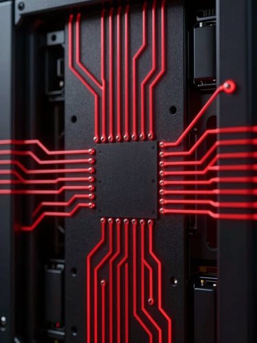 Macro close-up of dark metallic server chassis, sharp crimson red light paths tracing circuitry, high-contrast, octane render
