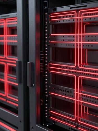 Sleek server rack environment, dark metallic surfaces with glowing red light paths, high contrast, clean technical perspective