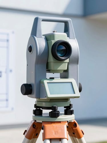 Close-up of a high-precision total station surveying instrument on a tripod, bright natural daylight, sharp focus on the digital screen, engineering blueprint lines faintly visible in the background, cool blue tones, 35mm