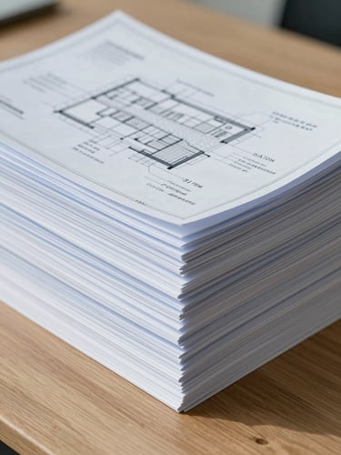 A stack of structured research documents and architectural blueprints on a wooden desk, clean lines, cool blue tones, sharp focus, 35mm