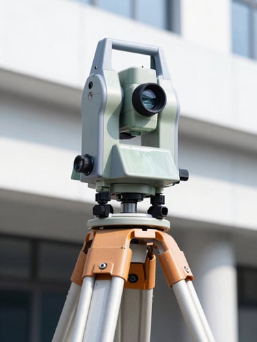 Close-up of a high-precision total station surveying instrument on a tripod, bright natural daylight, clean architectural lines, cool blue tones, sharp focus, 35mm