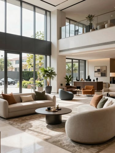 Wide environmental shot of a modern luxury apartment lobby furnished with curated outdoor goods and large-scale architectural furniture, bright natural daylight, 35mm lens