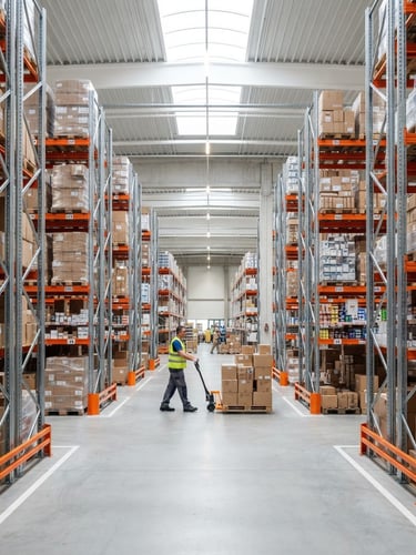 Straight-on medium shot of a pristine logistics hub with structured shelving, bright natural daylight, clean high-contrast tones, 35mm lens