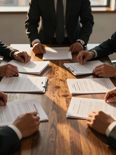 A collaborative business meeting in a warm-toned modern office, hands arranging structured documents on a dark wooden table, golden hour light, sharp geometric composition