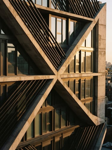 Sharp geometric architectural detail of a modern concrete building facade with clean diagonal lines, golden hour sunlight casting deep shadows, warm editorial 35mm photography
