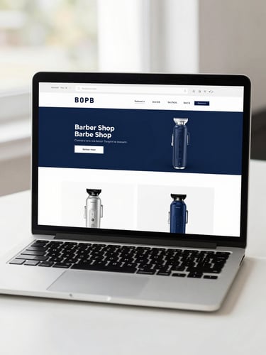 Clean digital product photography of a modern barber shop website displayed on a sleek laptop, bright natural daylight, crisp white and deep navy tones.