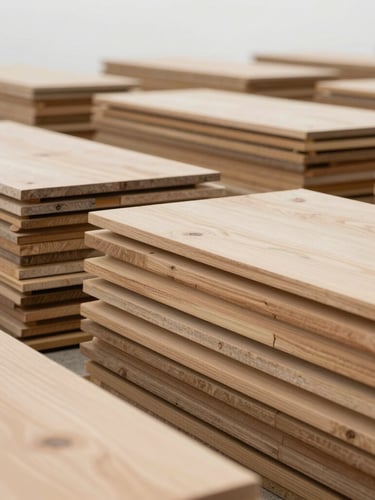 Neatly stacked premium timber and natural stone slabs in an organized architectural yard, soft overcast British daylight, 35mm