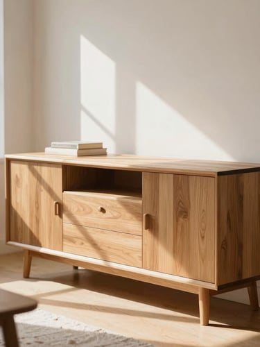 Warm editorial photography of a light, airy modern living room, a solid-timber credenza catching bright natural daylight, 35mm shallow depth of field