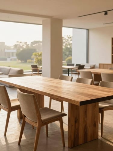 Bright natural daylight sweeping across a spacious architectural showroom in New Delhi, featuring massive solid-timber dining tables and structured lounge chairs, soft golden-hour highlights, warm editorial photography style