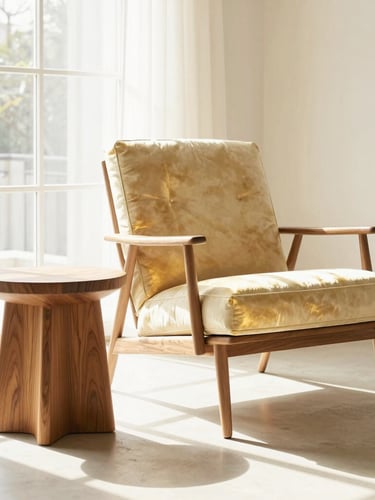 Vertical portrait of a modern minimalist living room, a champagne-gold accented lounge chair beside a solid walnut side table, bright natural daylight, warm editorial photography