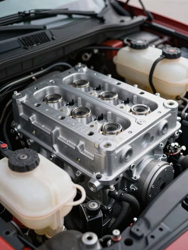 High-detail macro shot of a clean, dust-free modern engine bay, focus on the aluminum block and pristine fluid reservoirs, soft overcast daylight.