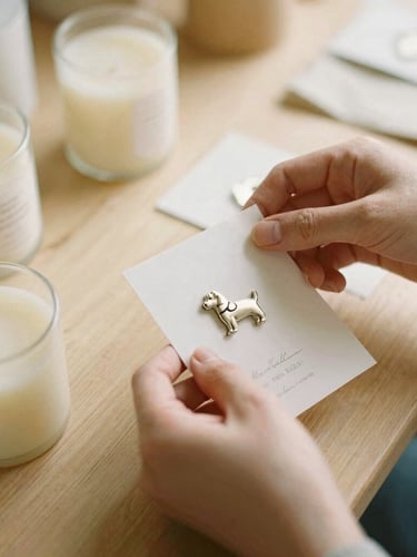 Hands carefully packaging hand-poured soy candles and metallic dog-themed pins on a wooden workshop table, warm golden hour light