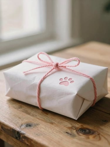 A beautifully wrapped artisanal package with a pink twine bow and a hand-stamped dog paw print, sitting on a rustic wooden table illuminated by soft morning window light.