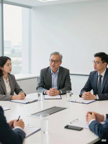 Professional corporate roundtable discussion in Jababeka, bright indoor daylight, clean minimalist boardroom setting, engaged HR leaders speaking, 35mm lens