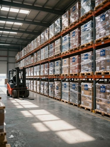 Wide interior of a large logistics warehouse, forklift moving pallets in the far left third, overhead lighting casting sharp grid shadows on a concrete floor stacked with labeled freight containers, documentary facility lighting, no people posing