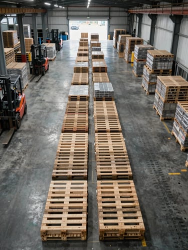 Overhead wide-angle view of a warehouse floor mid-operation — pallets arranged in precise grid rows under industrial fluorescent lighting, forklift tracks visible on polished concrete, systematic order at scale, no people, documentary framing