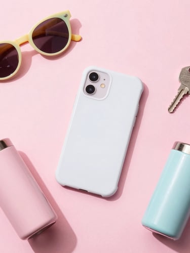 Direct overhead flat-lay of custom phone cases and tumblers on a bright candy-pink backdrop, styled with colorful sunglasses and keys, high-key studio lighting, soft colorful shadows