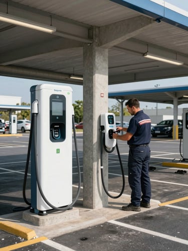Wide shot of a completed EV charging station installation at a commercial parking bay, multiple charge points mounted on a concrete pillar, cables neatly routed, technician in branded uniform performing final checks, direct overhead daylight, sharp industrial framing