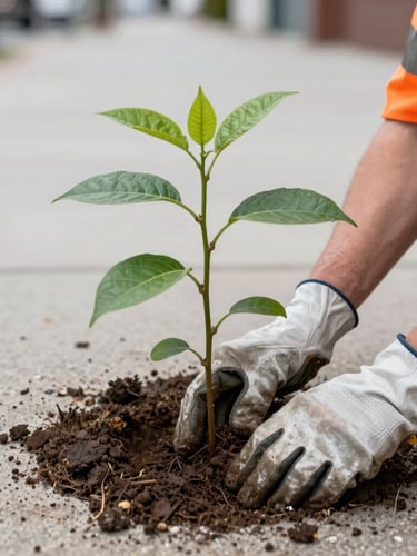 Close-up of hands in heavy-duty gloves planting a sapling in an urban sidewalk cutout, overcast daylight, safety orange details, 35mm documentary style